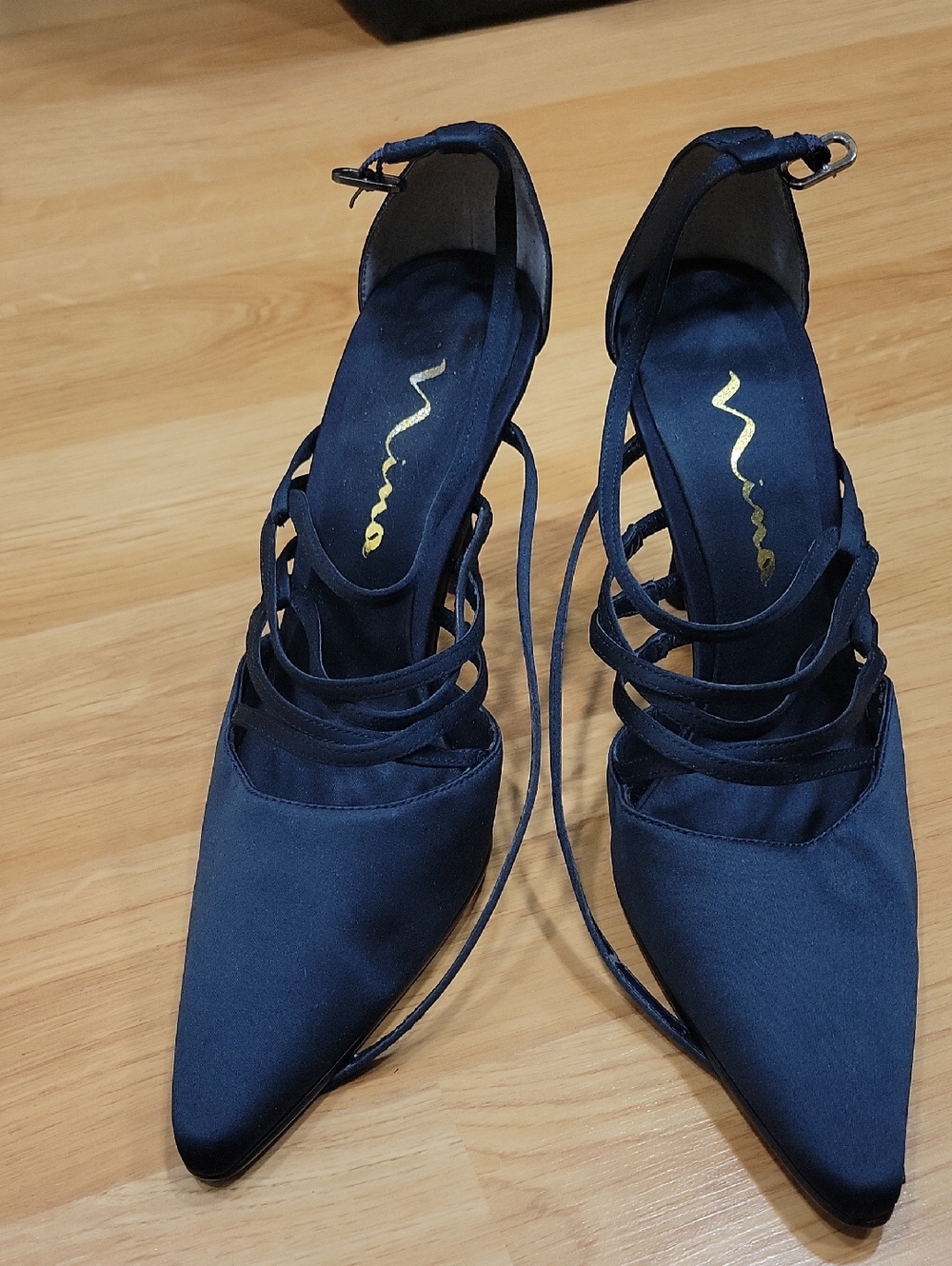 Nina Navy Satin Pointed-Toe Strappy Heels